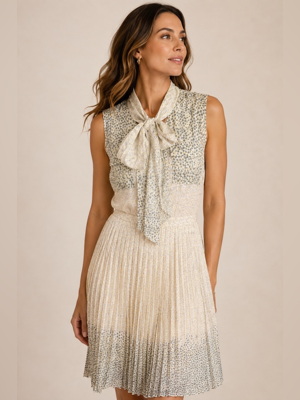 ANTONIO MELANI Cream Yellow and Gray Soft Floral Midi Pleated Dress Size 10